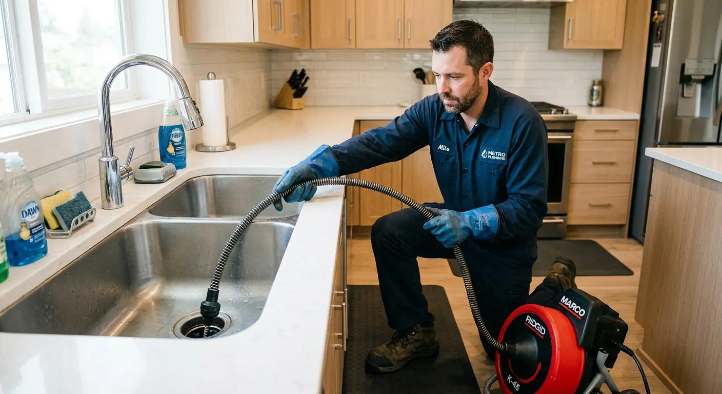 Drain cleaning technician using a motorized snake on a kitchen sink in Radcliff