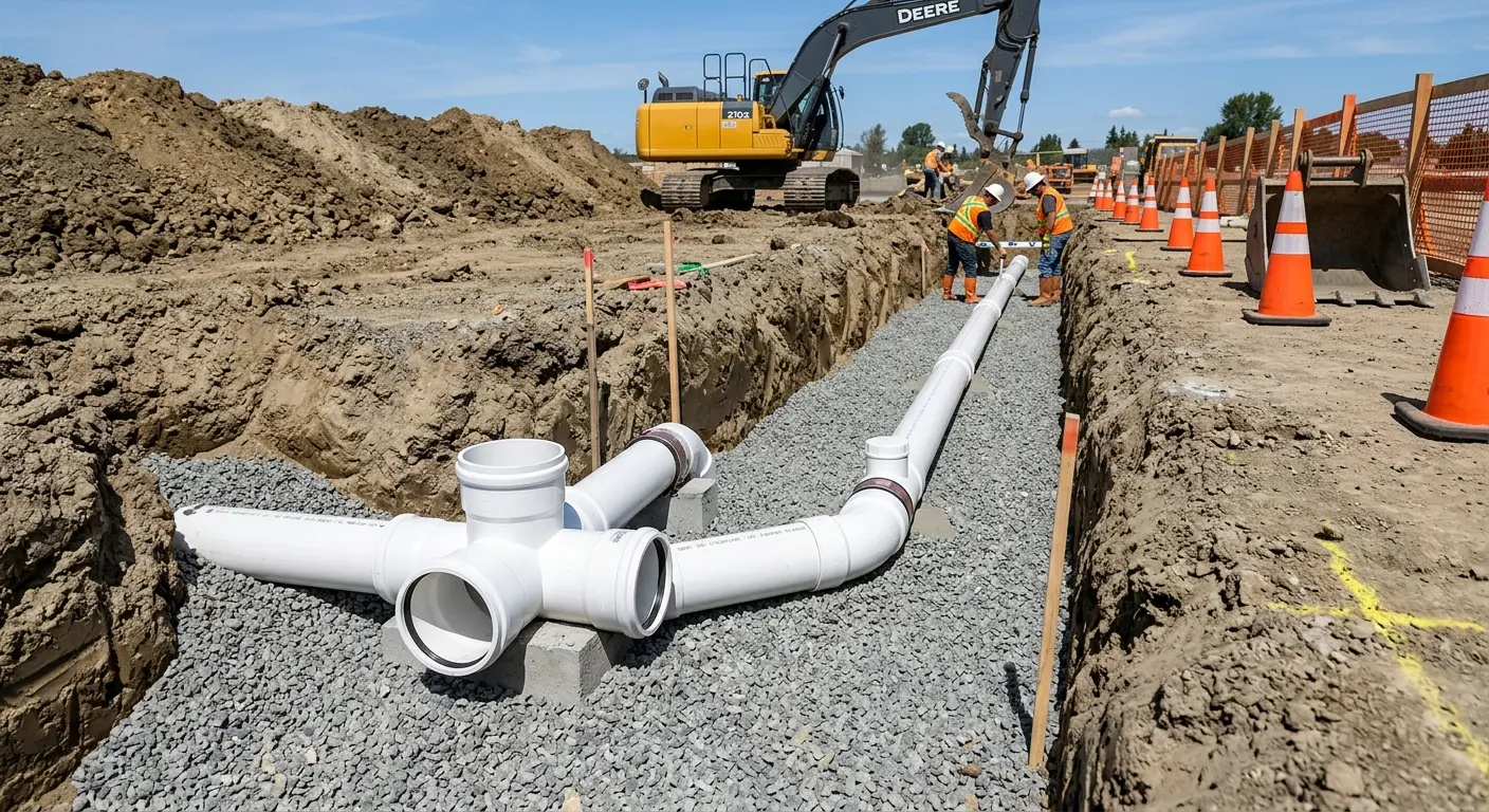New PVC sewer pipe installation in open trench for Commercial Drain Cleaning in Radcliff