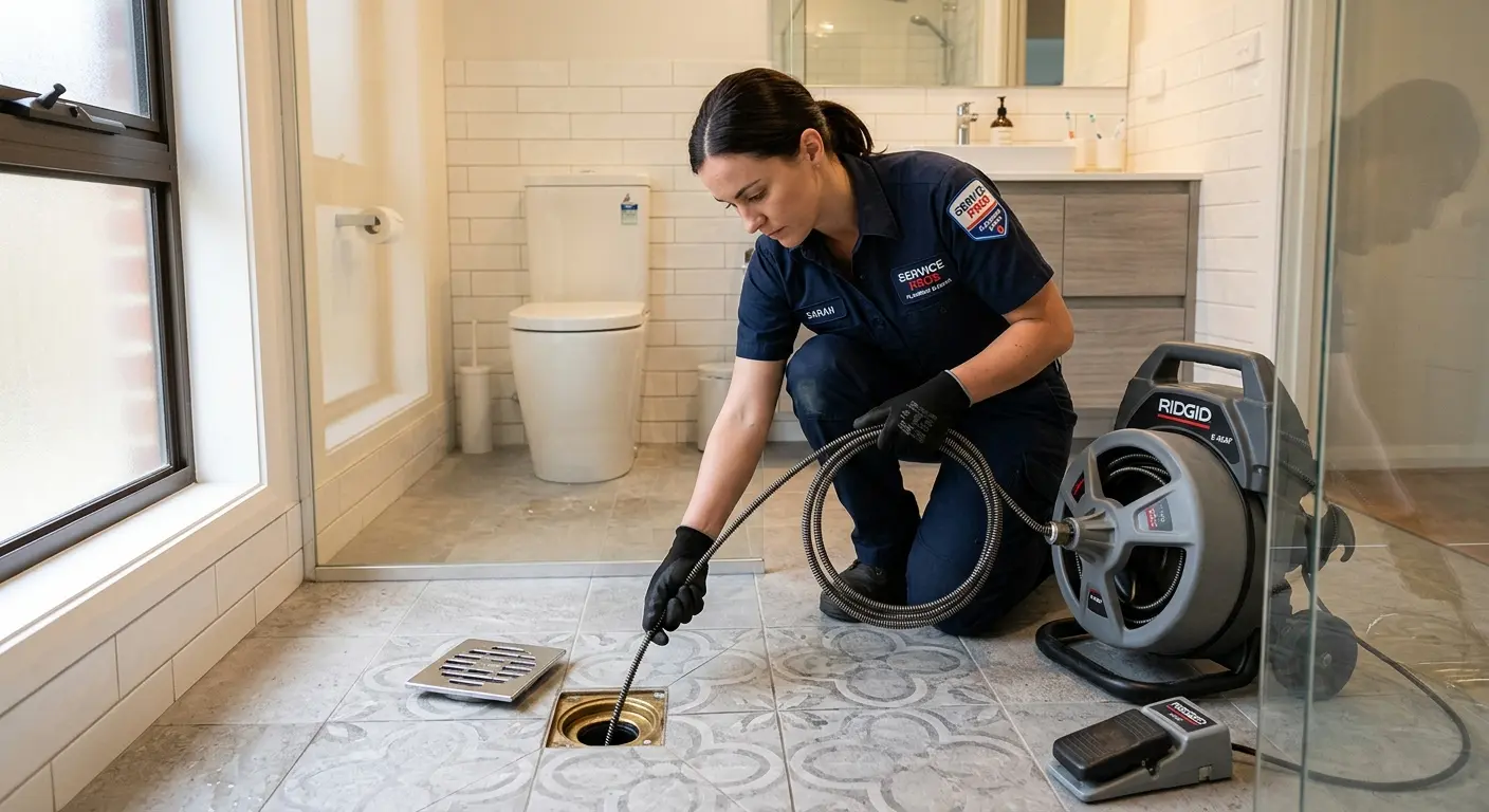 Technician clearing a bathroom floor drain for Sewer Line Replacement in Radcliff